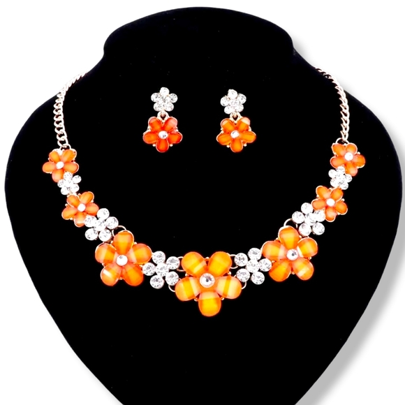 18K gold plated Orange crystal flower necklace earrings set - Picture 1 of 13